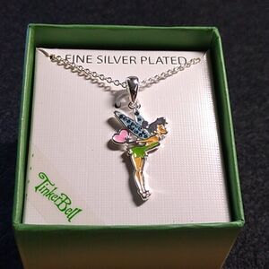 NWT Disney Fairies Tinkerbell Heart Pendant/ Necklace Silver Plated Cottagecore